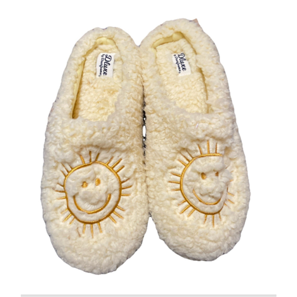 Dluxe by Dearfoams Happy Face Slide Slippers in Yellow